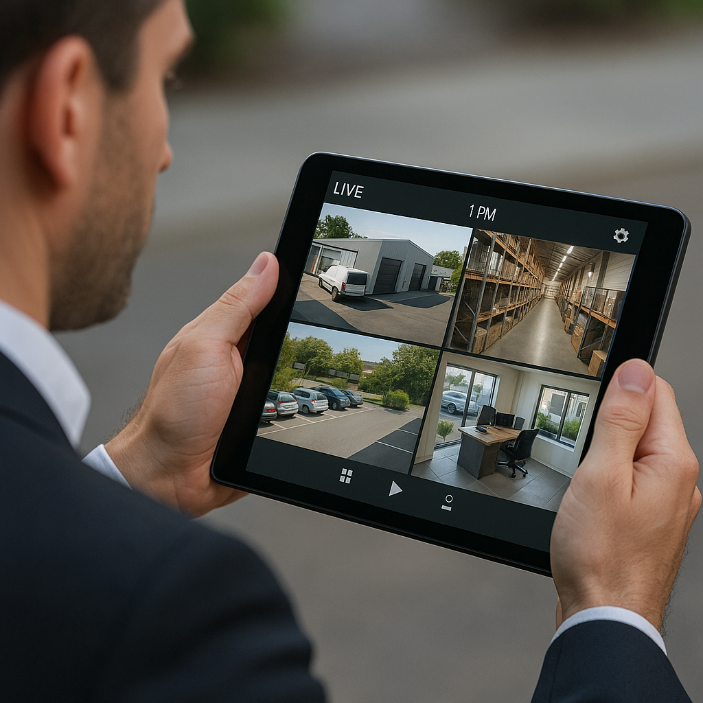 A business owner viewing live CCTV surveillance fo